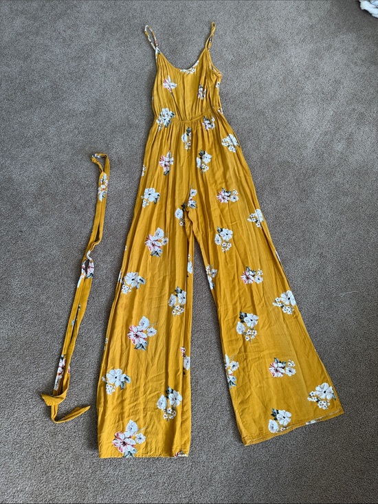 Streetwear Society Pants - SWS Floral Mustard Wide Split Leg Jumpsuit with Removable Belt - size small